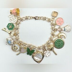 Beautiful Handmade Original New Gold Charm Bracelet with Green and Pink Accents